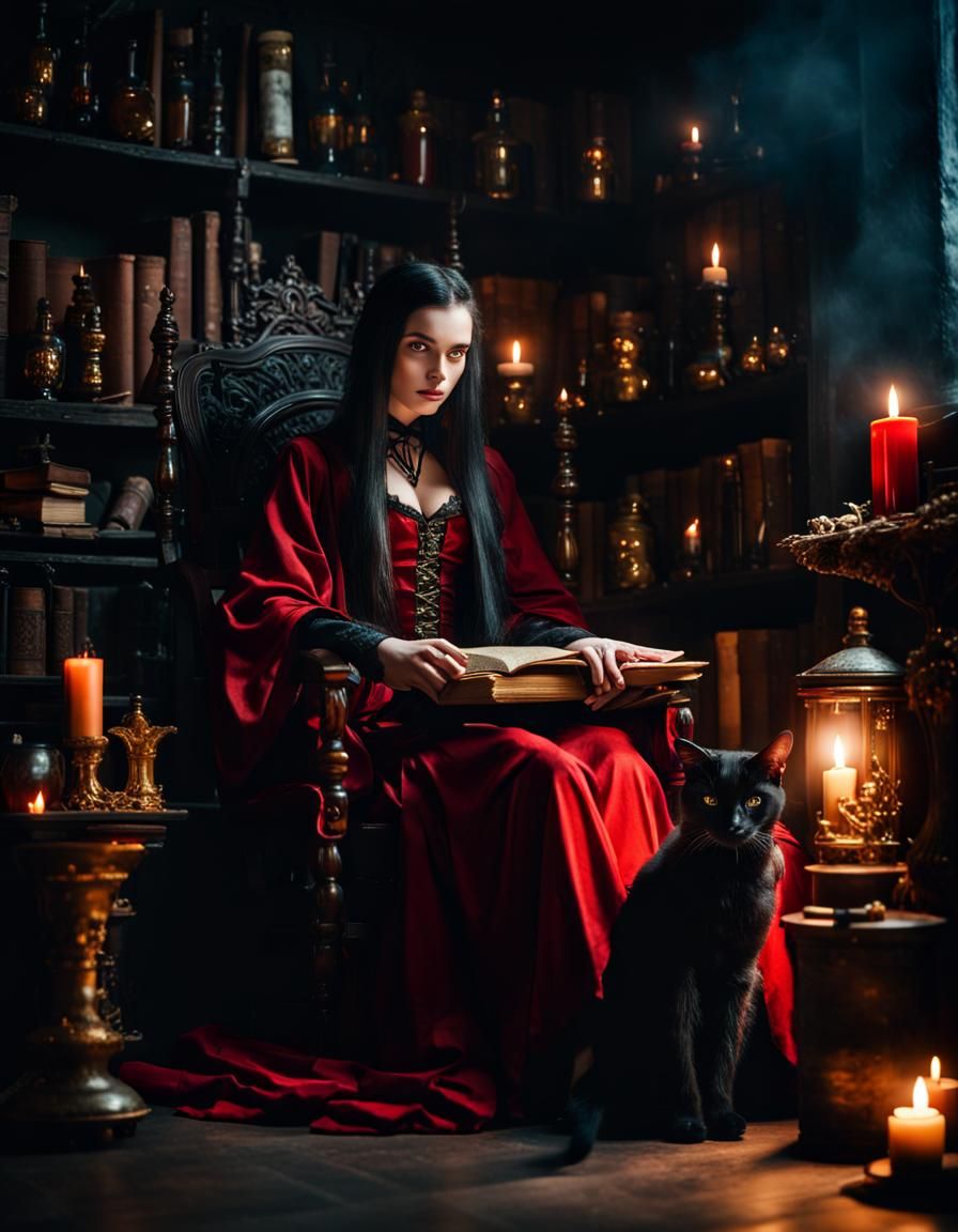 Young Sorceress in Red Robe with Black Cat