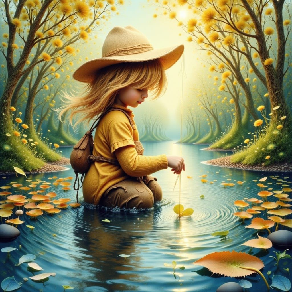 Boy Fishing in Creek, Oil Painting in Watercolor Style