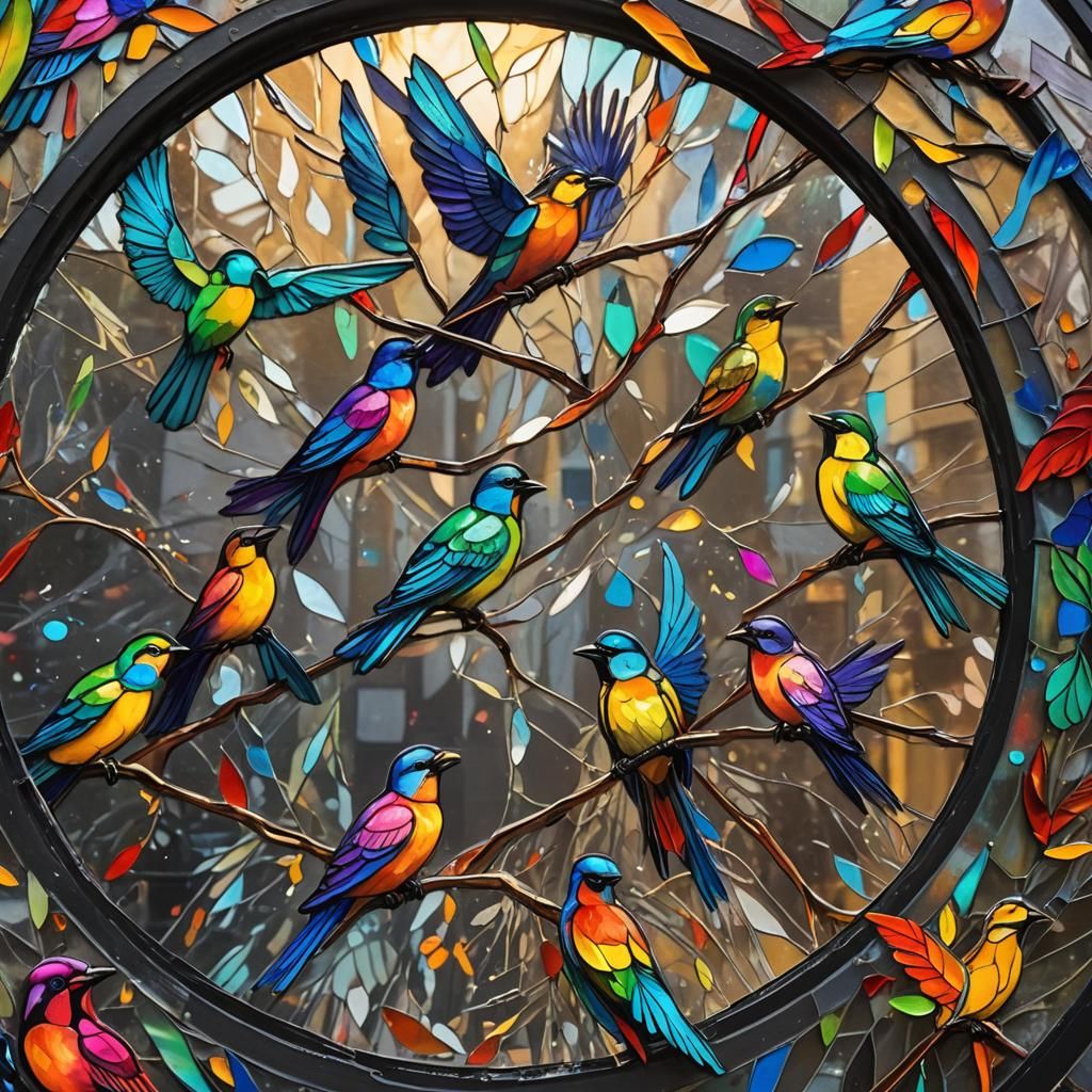 Colorful Birds on Stained Glass in Street Art Style