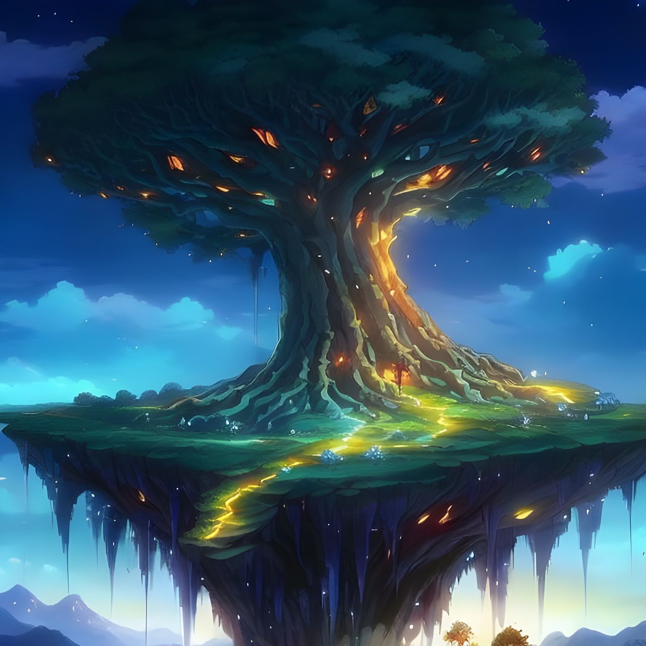 Anime Fantasy: Floating Island Tree at Night