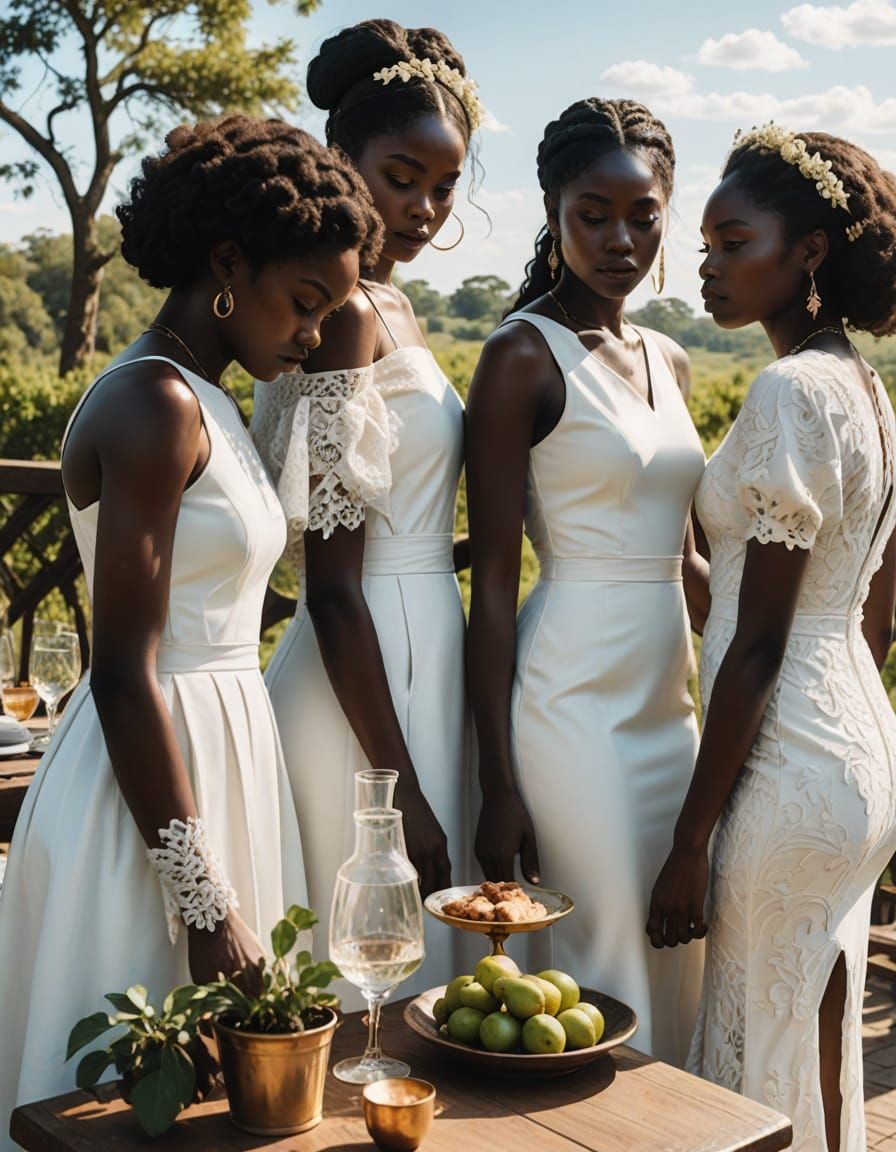 Regal Black Women in White Attire Pose Together Amidst a Vib...