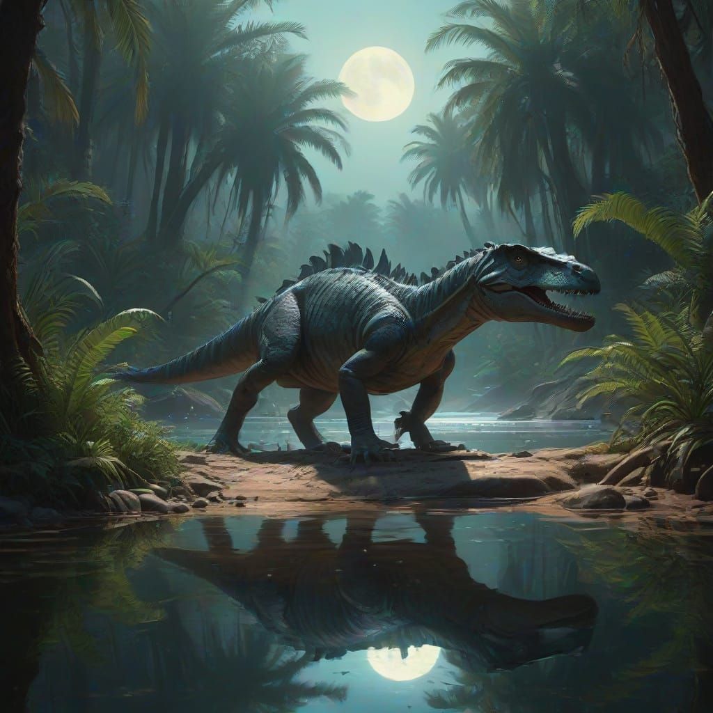 Allosaurus Ambush in Jurassic Forest, Simon Stalenhag Style