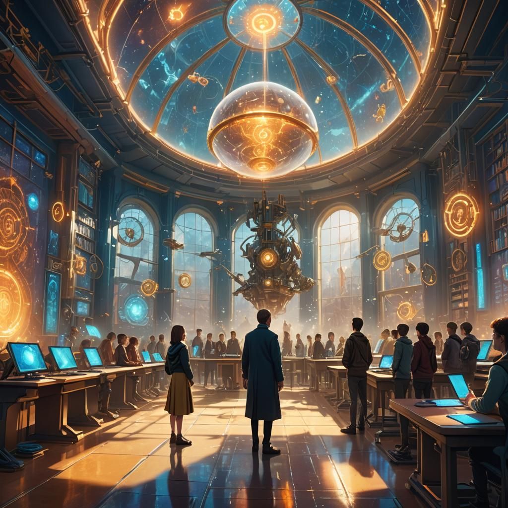 Magical Teacher in a Futuristic Classroom Concept Art