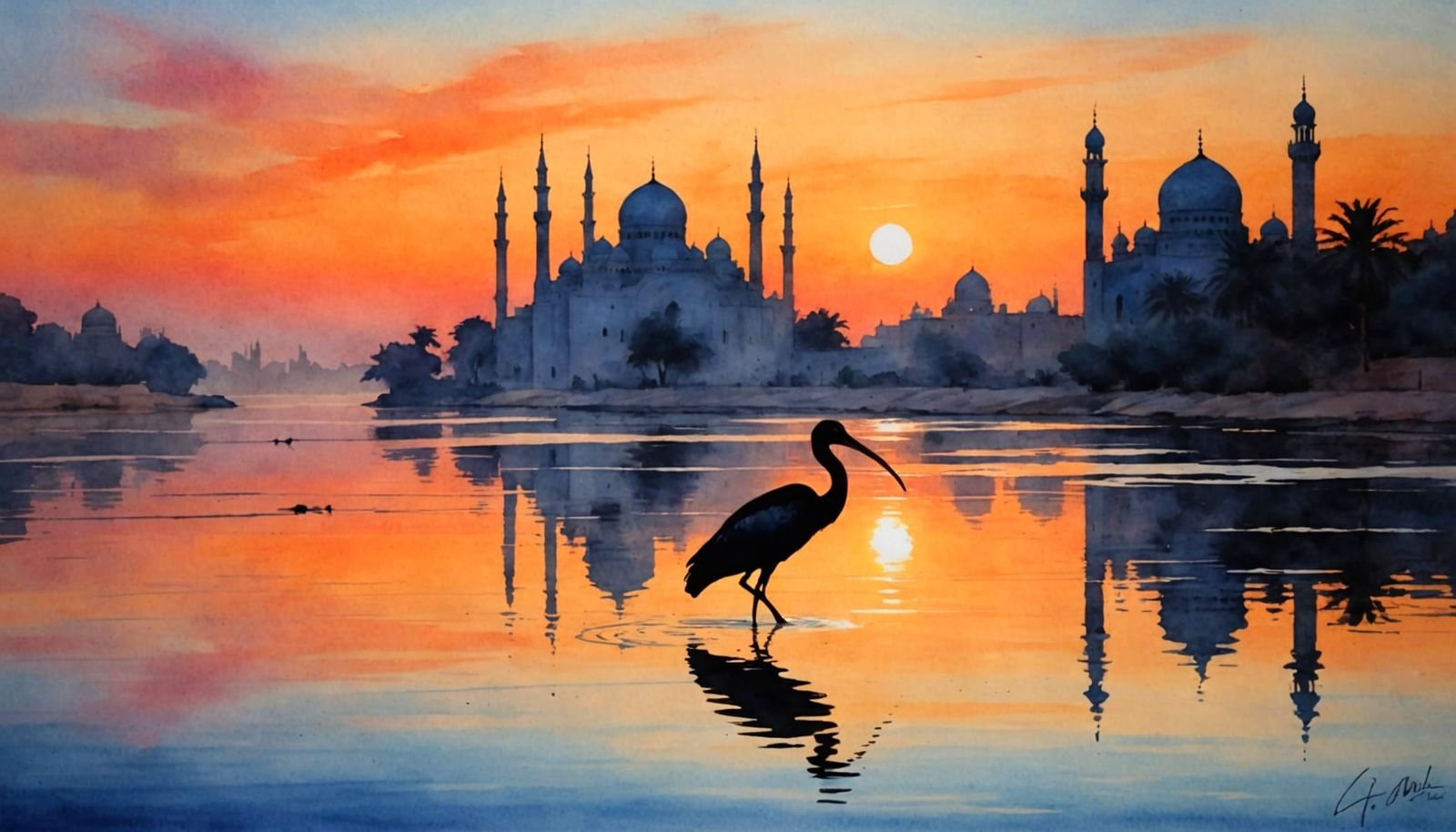 Ibis Silhouette in Arabia: Watercolor Sunset
