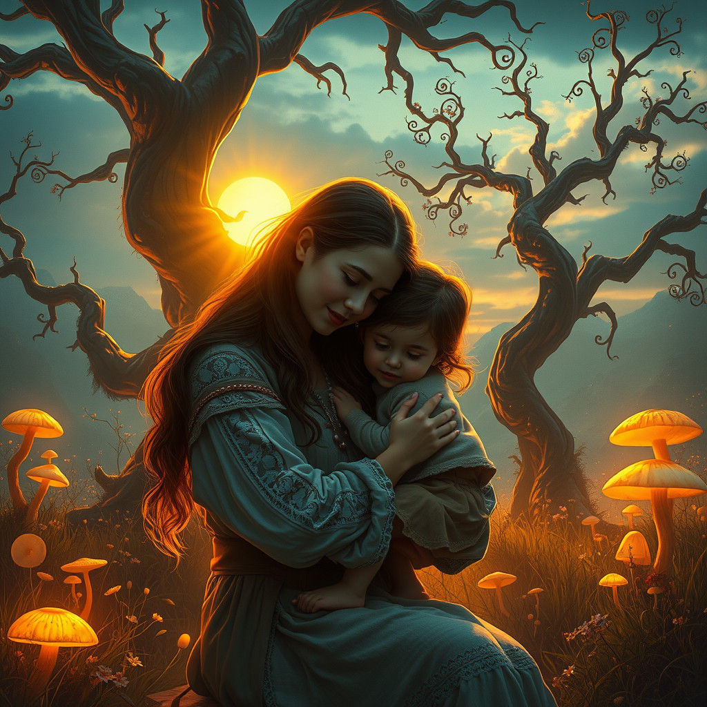 Enchanting Sunset: Mother and Daughter Embrace in Dreamscape