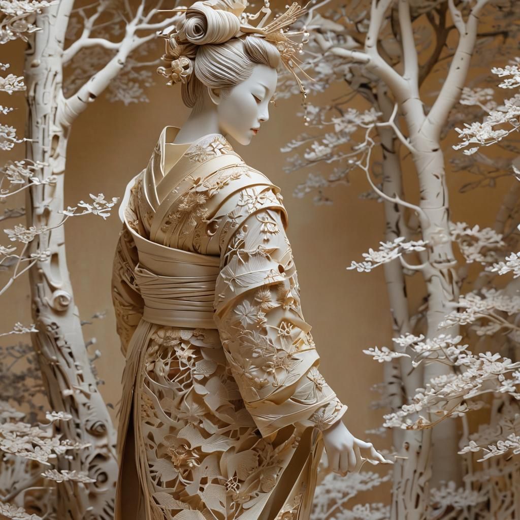 Intricate Kirigami Geisha Sculpture in Arrivabene Style