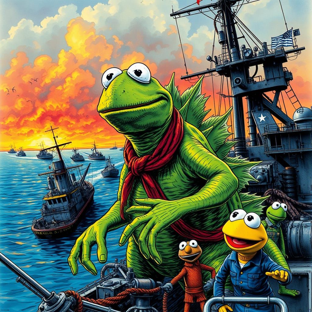 Kermit as Godzilla on Navy Ship amidst Muppets and Shipwreck...
