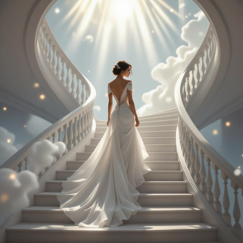 Woman Ascending Stairs in Dreamy Light