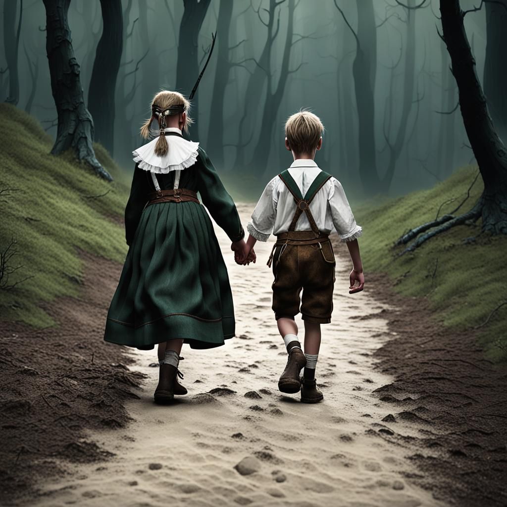 Children Enter Dark Forest in Fantasy Art Style