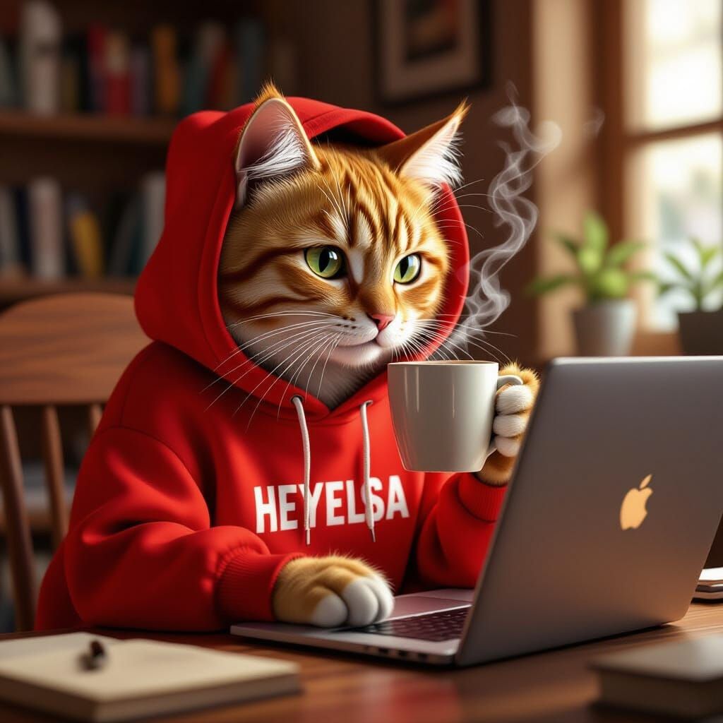 Ginger Cat in Red Hoodie Works on Laptop