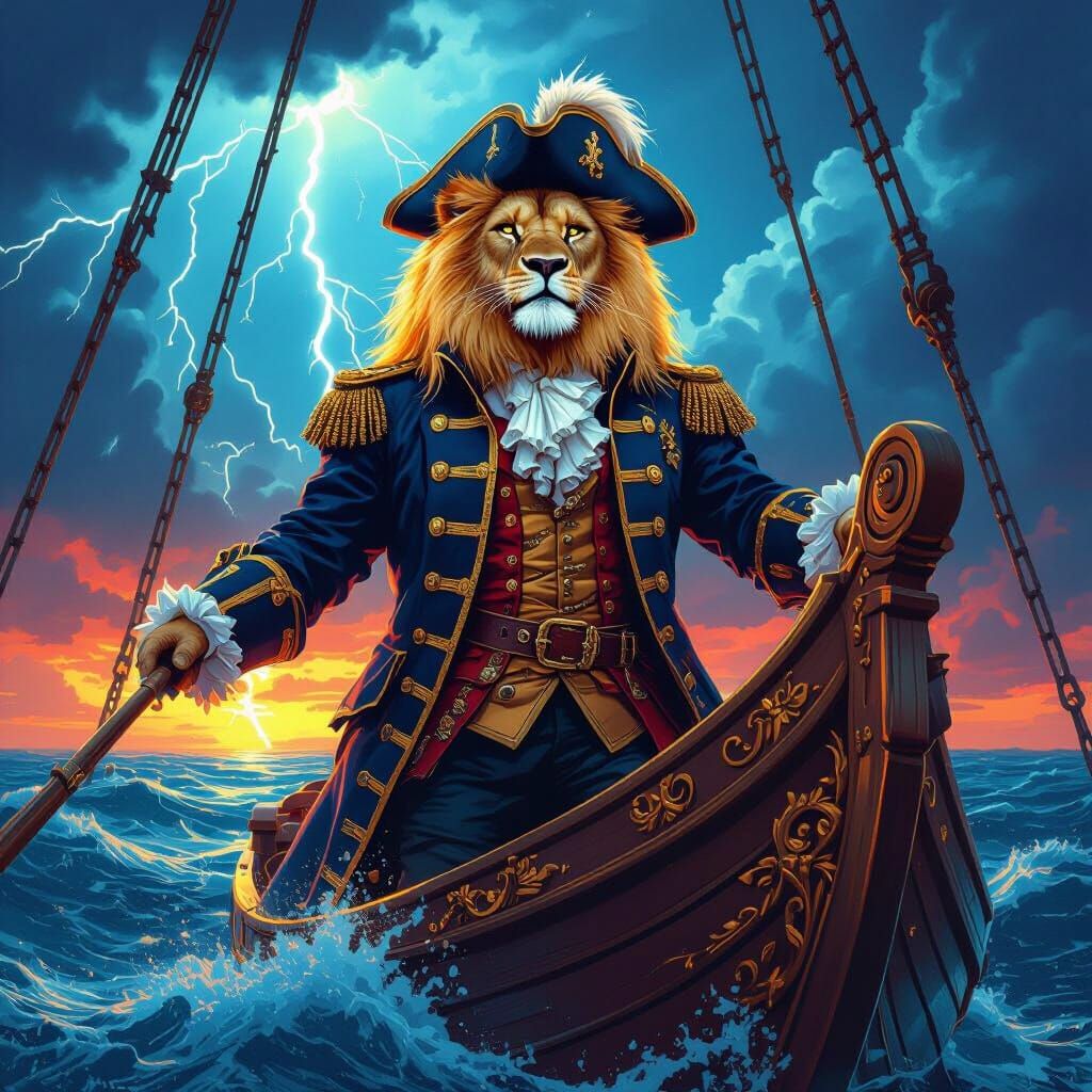 Lion Admiral on Galleon in Pirate Illustration Style