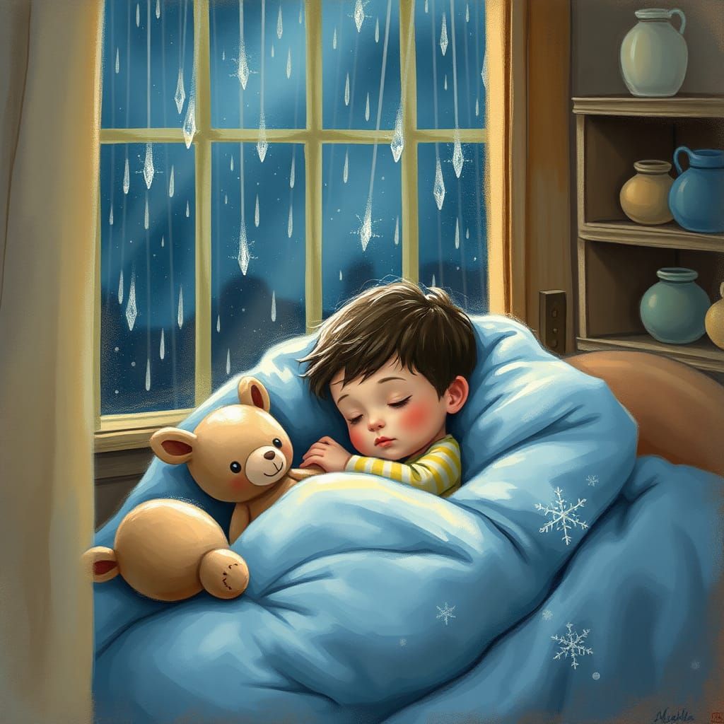 Cozy Corner: Boy in Blue, Acrylic Art on a Rainy Night