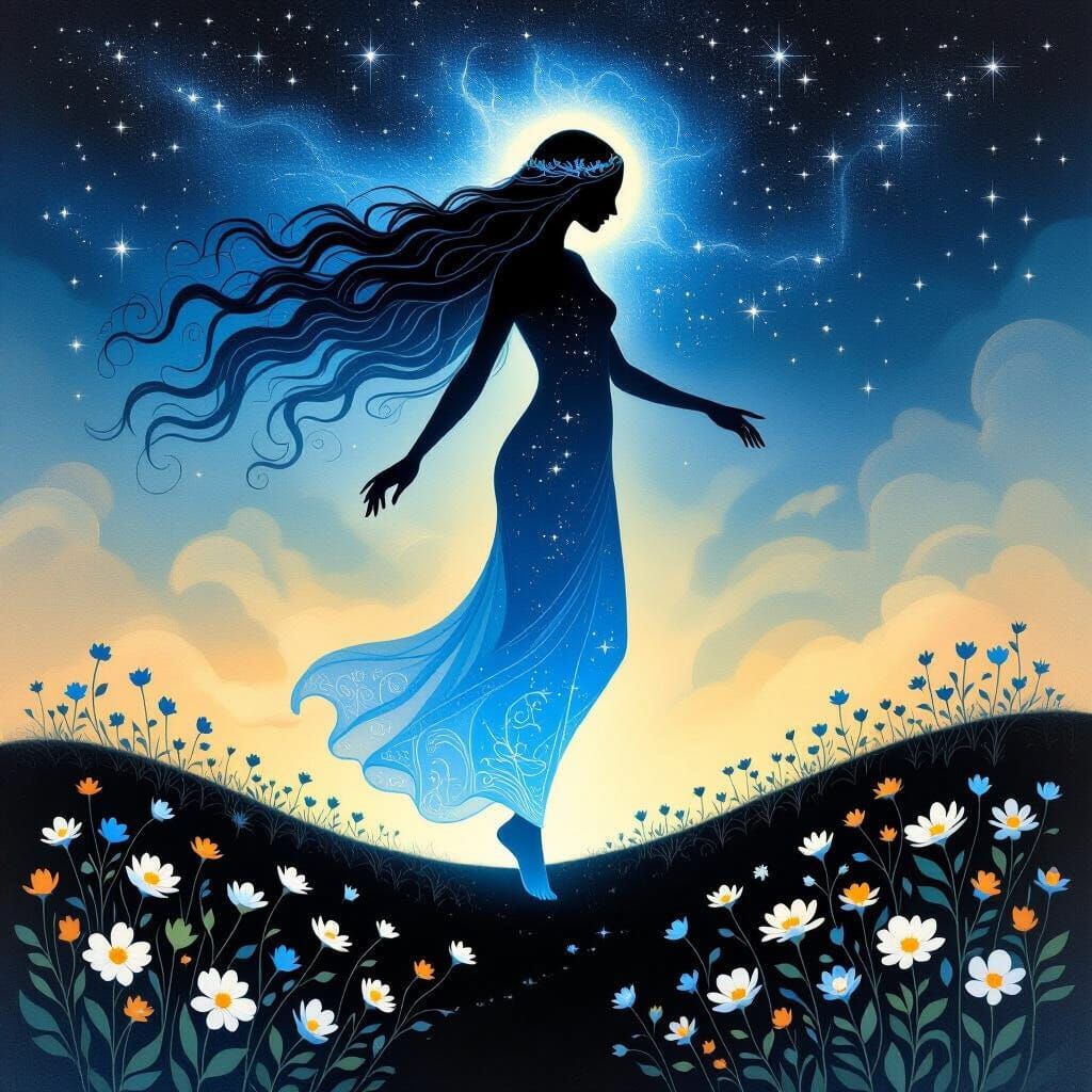 Divine Woman Descends in Blue Flame from Stars