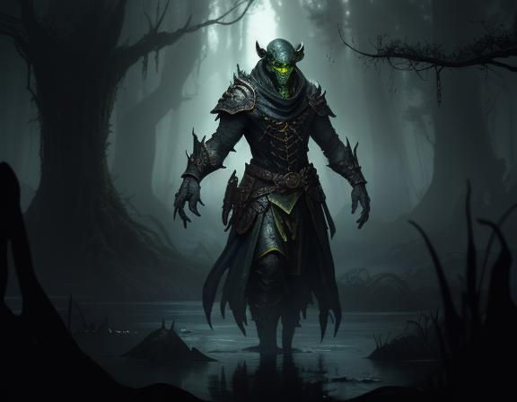 Menacing Bullywug in Misty Swamp, Dark Fantasy Art