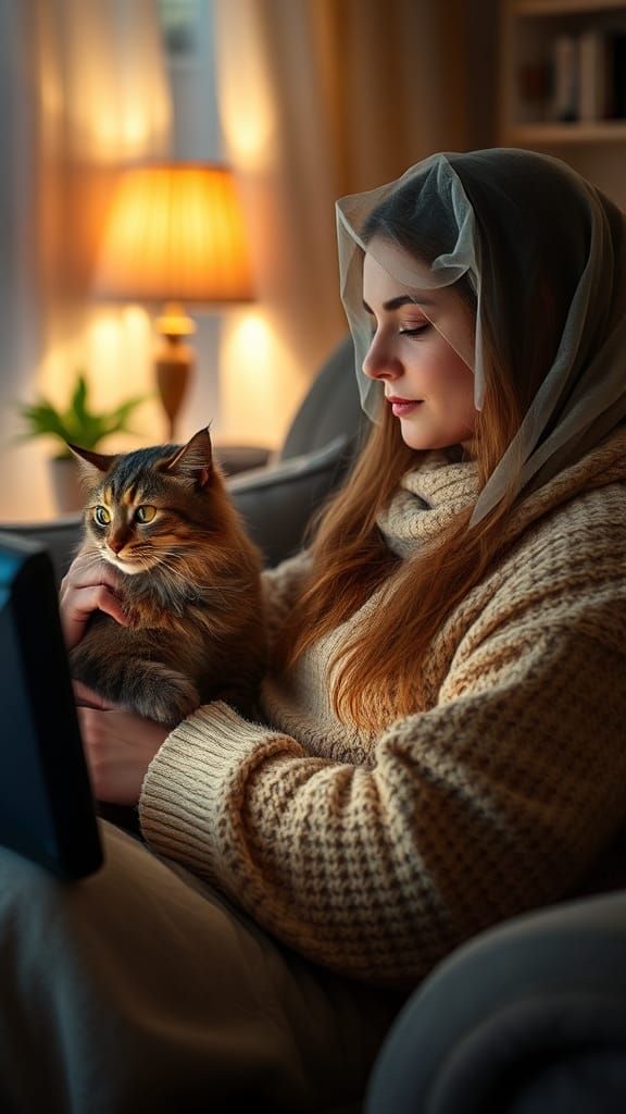 beautiful Irish woman with her fluffy cat, Cozy evening