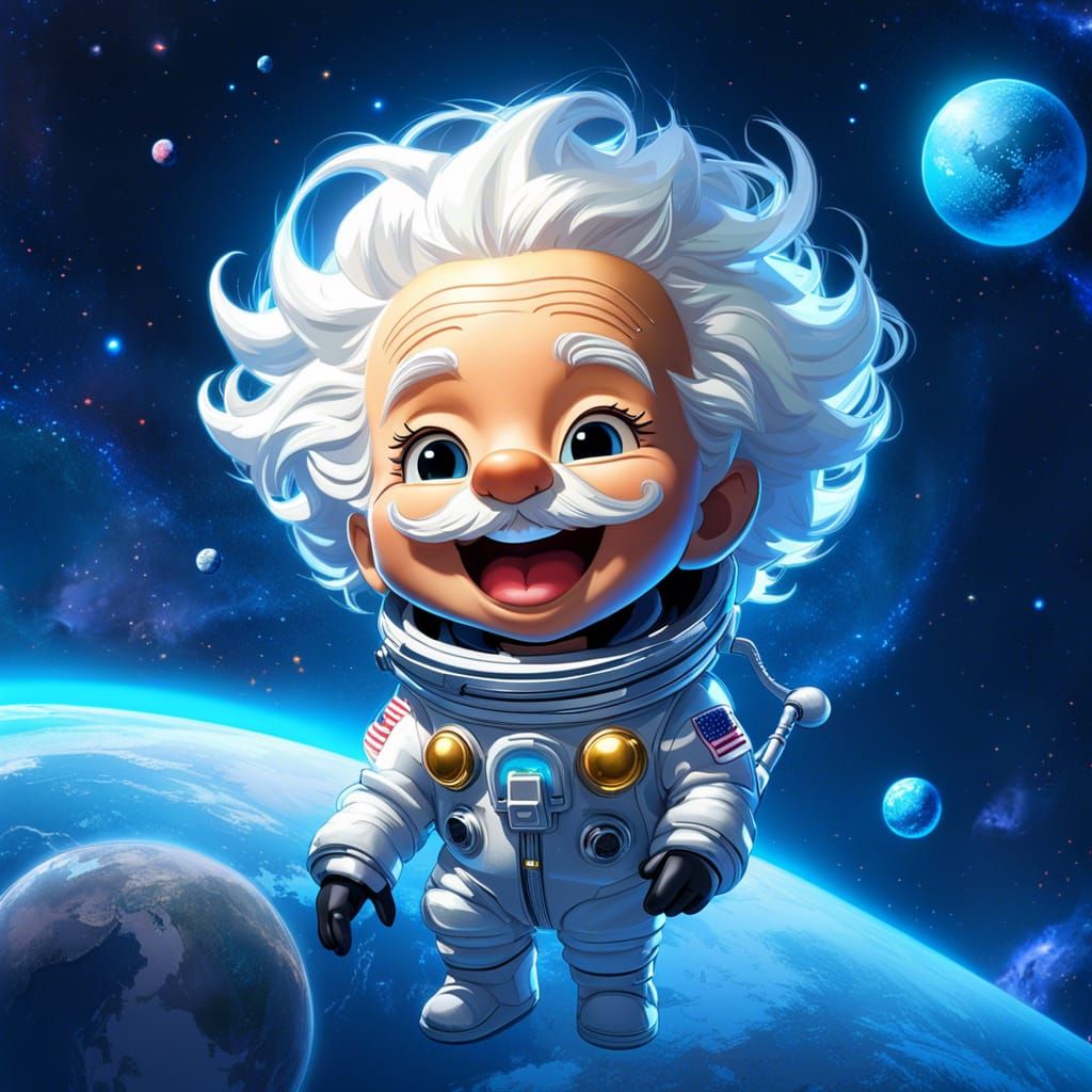 Adorable Einstein Chibi Astronaut on Bioluminescent Moon