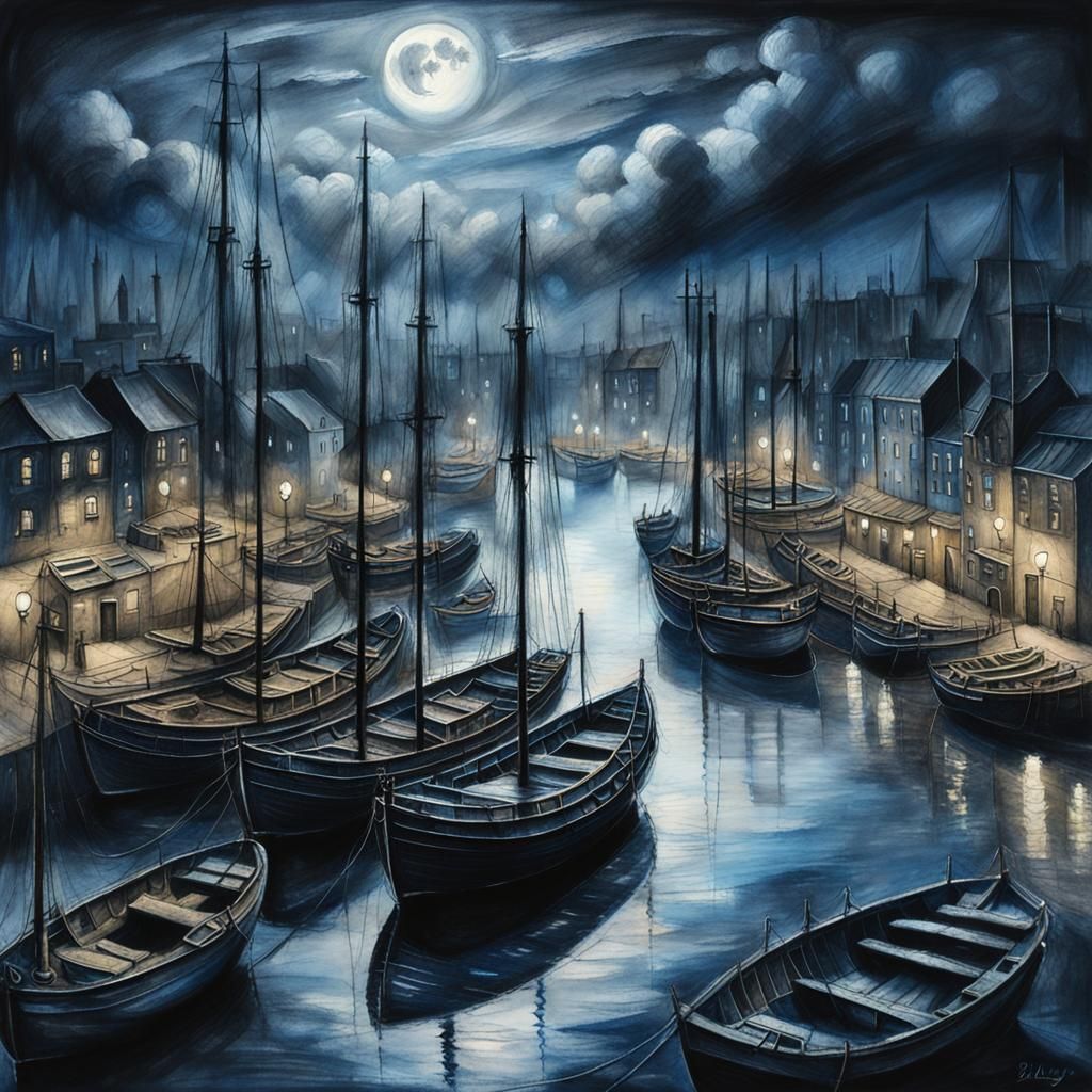 Dreamy Nocturnal Harbour in Charcoal Art Style
