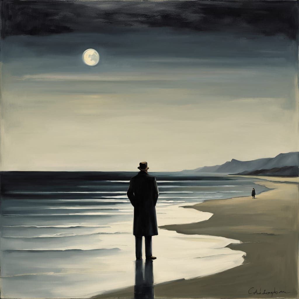 Lone Figure on Beach Under Pale Moonlight, Hopper Style
