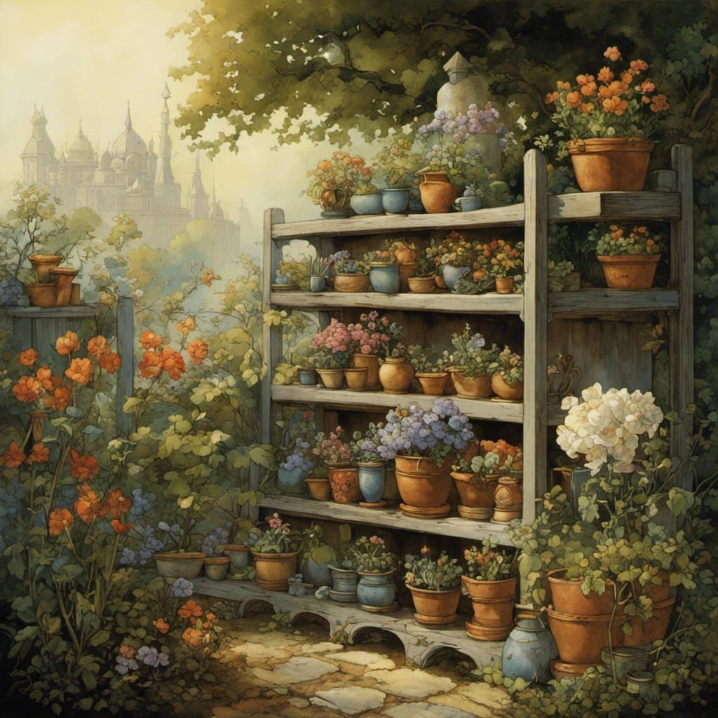 Shelf with Flower Pots in Overgrown Garden