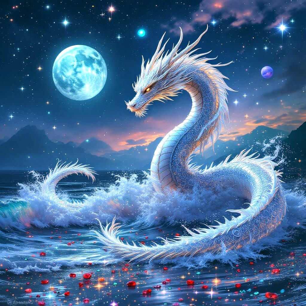 Friendly Silver Dragon Soars Over Idyllic Beach Scene with G...