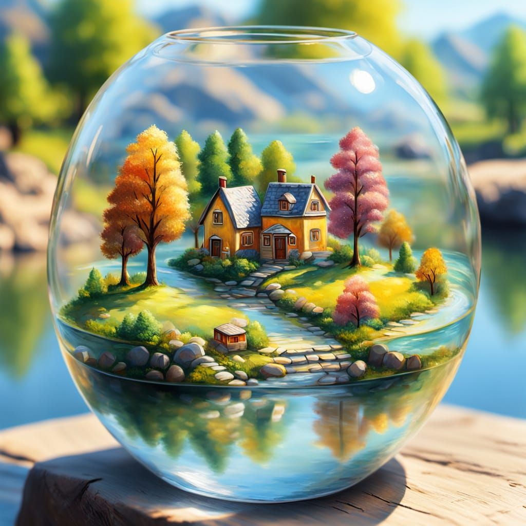 Miniature Village in Glass Vase: Oil Painting