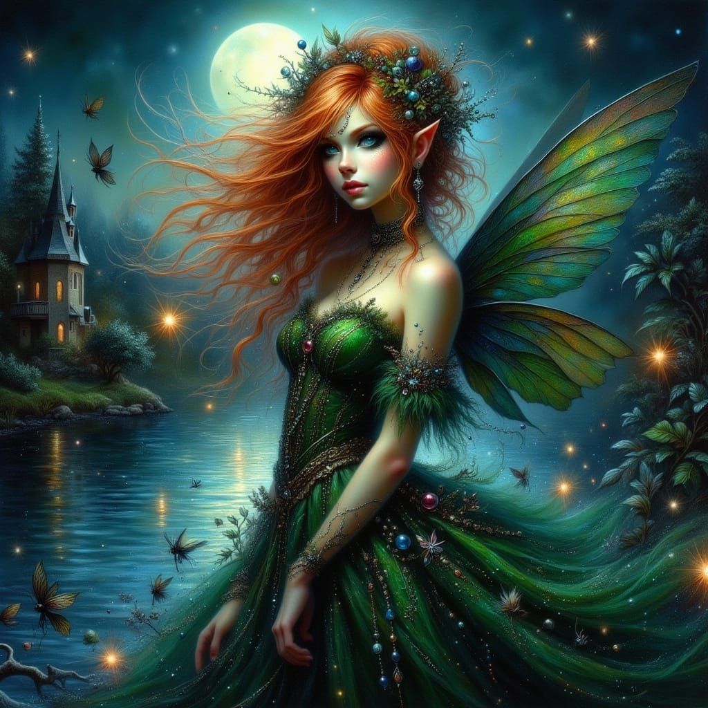 Regal Woman by Moonlit Lake in Enchanted Glow