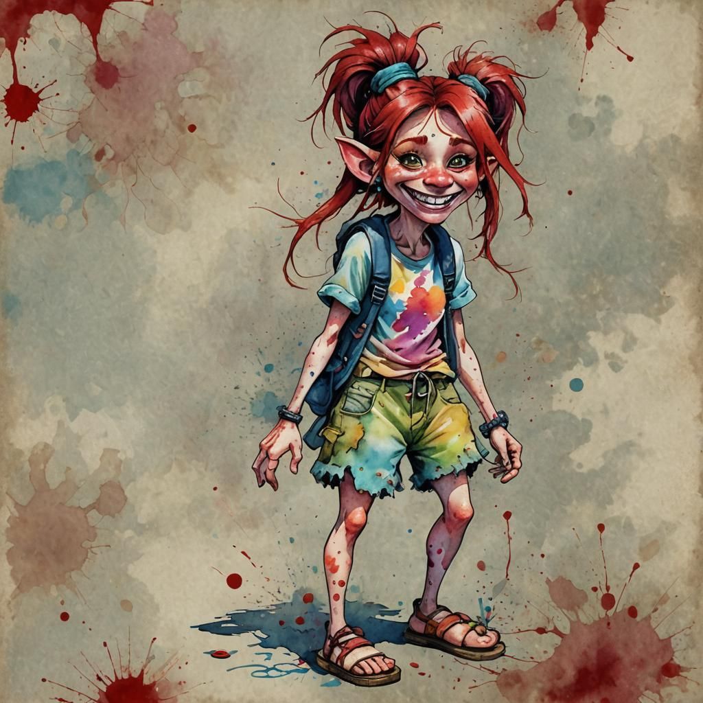 Whimsical Teenage Troll in Watercolor Style