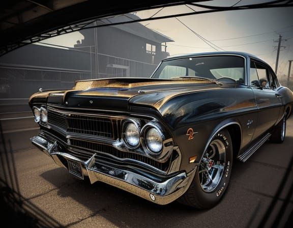 Detailed Vintage Muscle Car Engine in Golden Hour Light