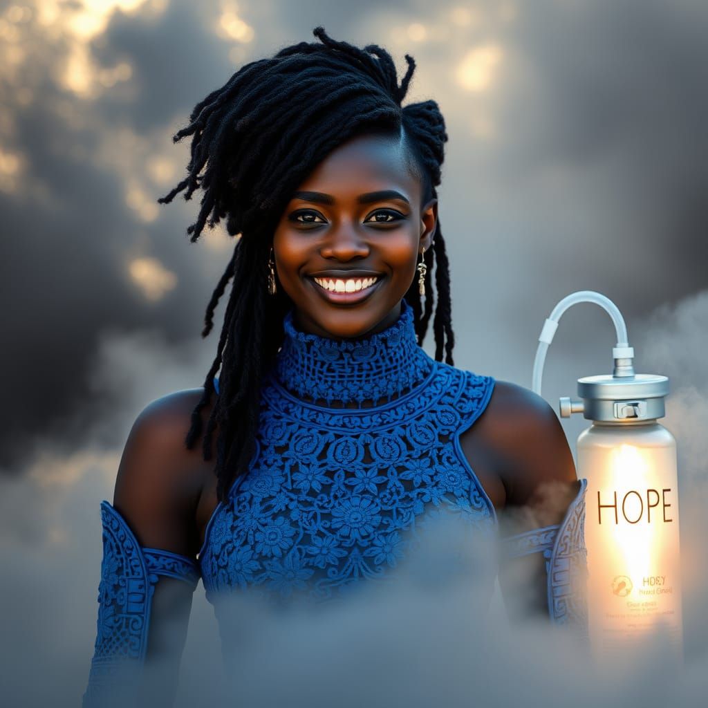 Beautiful Woman in Blue Armor with Oxygen Tank