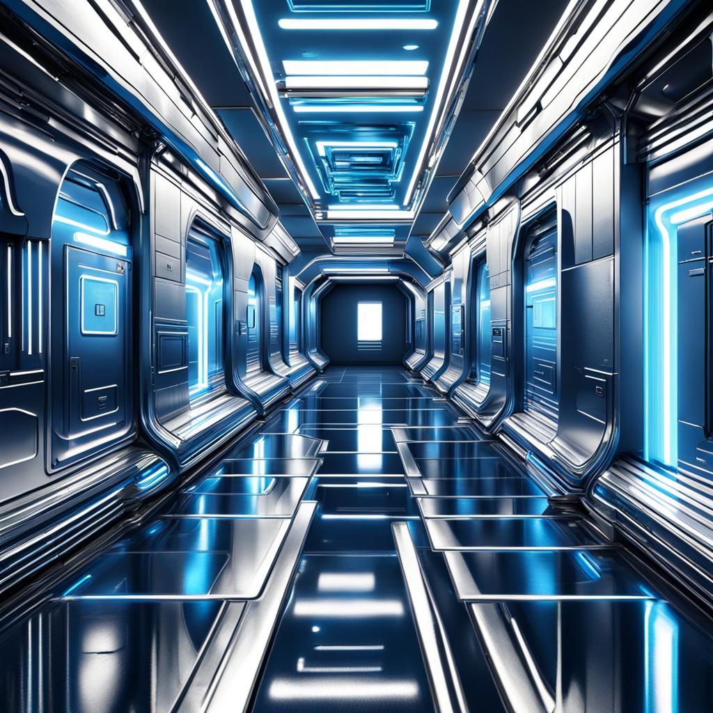 Futuristic Blue and Silver Sci-Fi Hallway