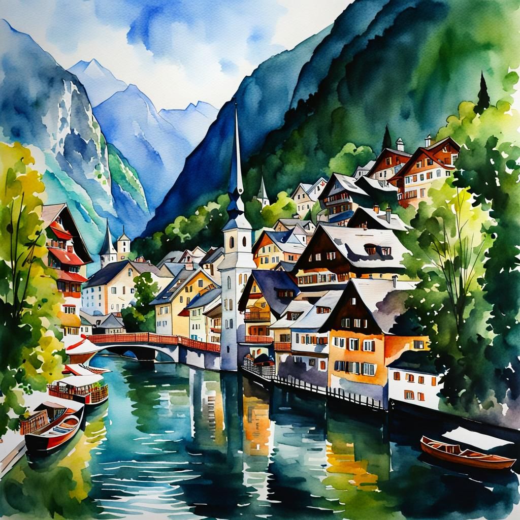 Hallstatt Austria: Watercolor Painting of Alpine Village