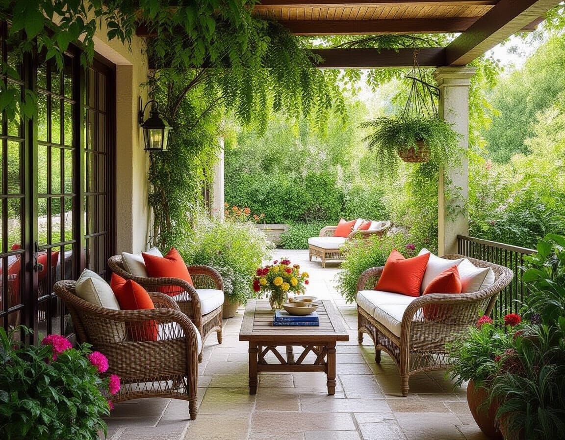 Serene Patio with Lush Greenery in Impressionist Style