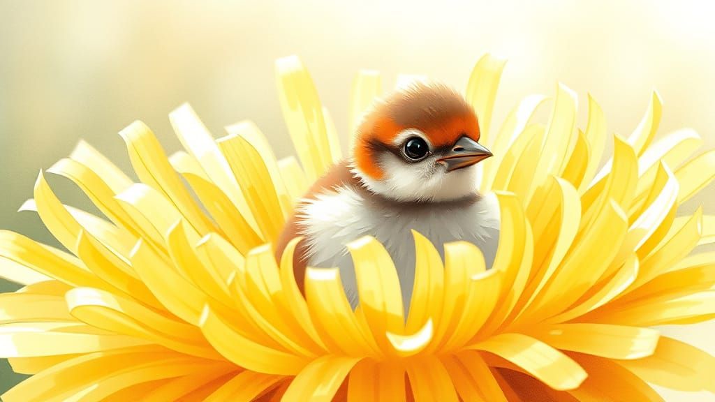 Baby Bird in Dandelion, Watercolor Art
