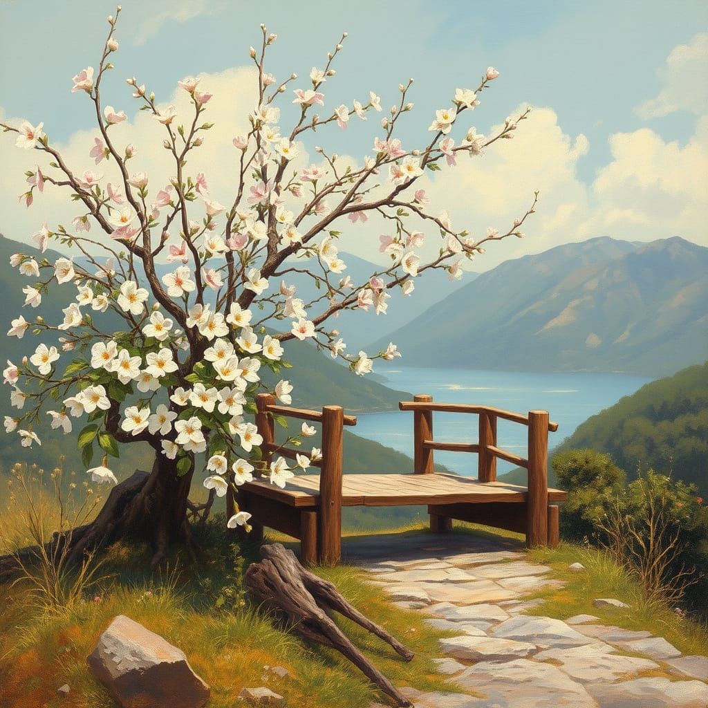 Surreal Cherry Blossom Landscape with Wooden Bridge and Dist...