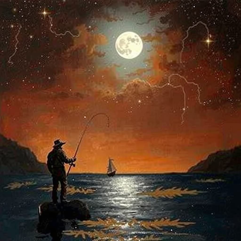 Man Fishing in Starry Sky: Detailed Matte Painting