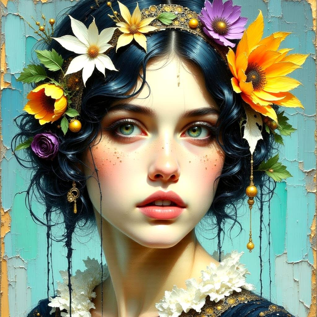 Enchanting Watercolor Girl with Floral Headband in a Magical...