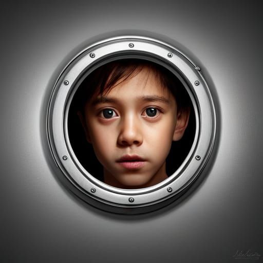 Boy Peering Through Peephole in Hyperrealistic CGI