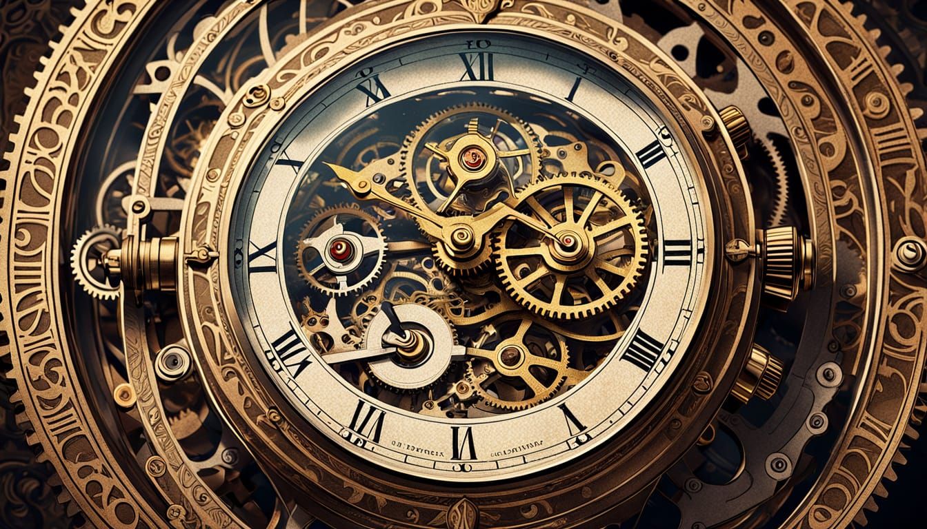 Victorian Mechanical Timepiece Blueprint Illustration