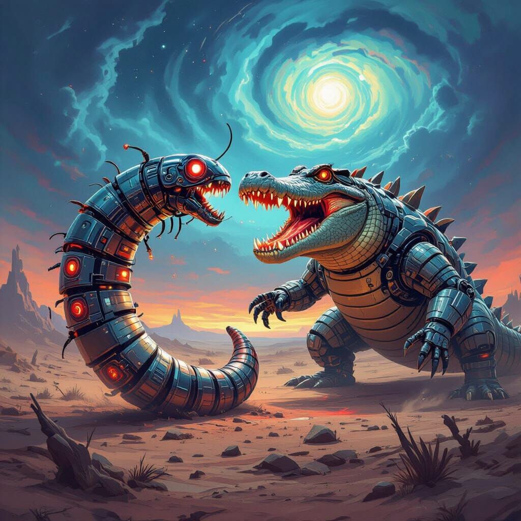 Steampunk Bobbit Worm Fights Cyborg Crocodile