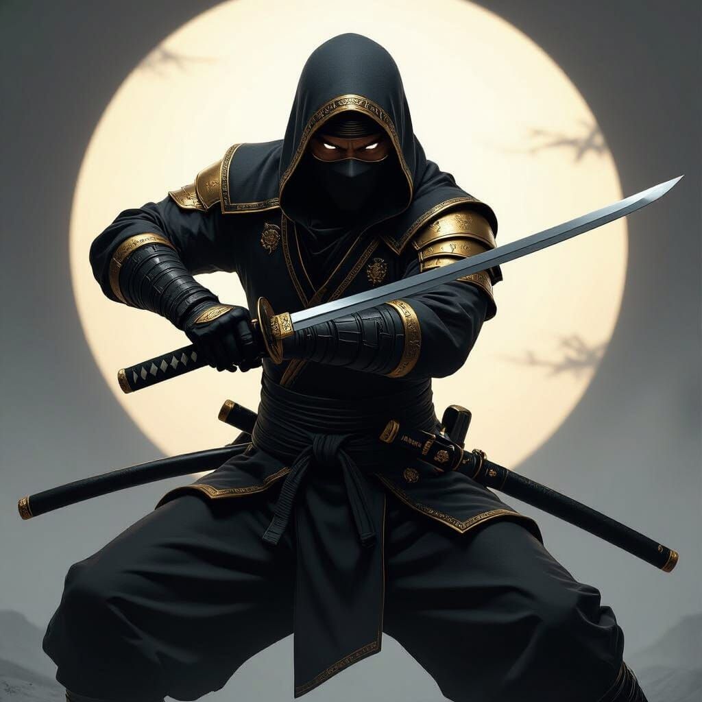 Gold Shadow Ninja Attack Pose in Cyberpunk Style