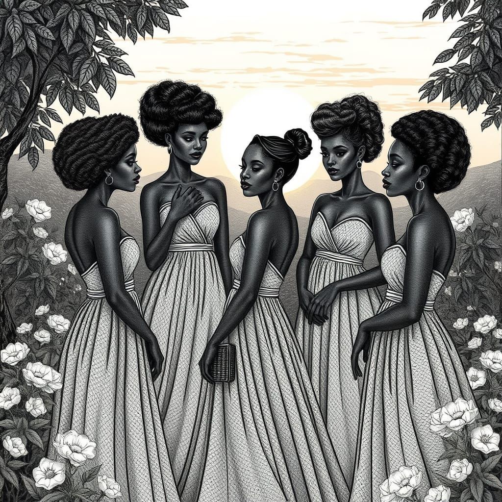Elegant Black Women in Serene Outdoor Setting, Cross-Hatchin...