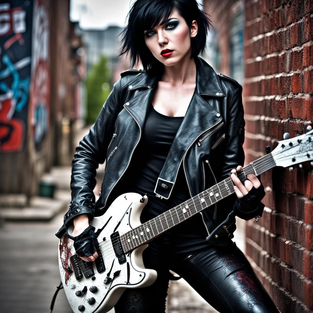 Punk Rock Star in Leather with Guitar, Hyperrealistic