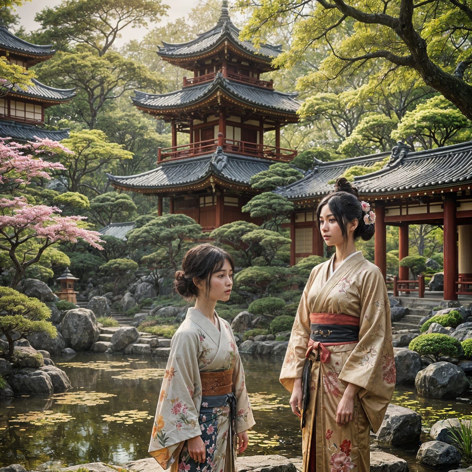 Girl and Mother in Japanese Garden Art
