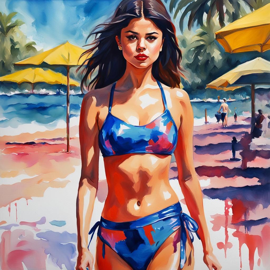 Selena Gomez in Latex Bikini: Gouache Impressionist Style