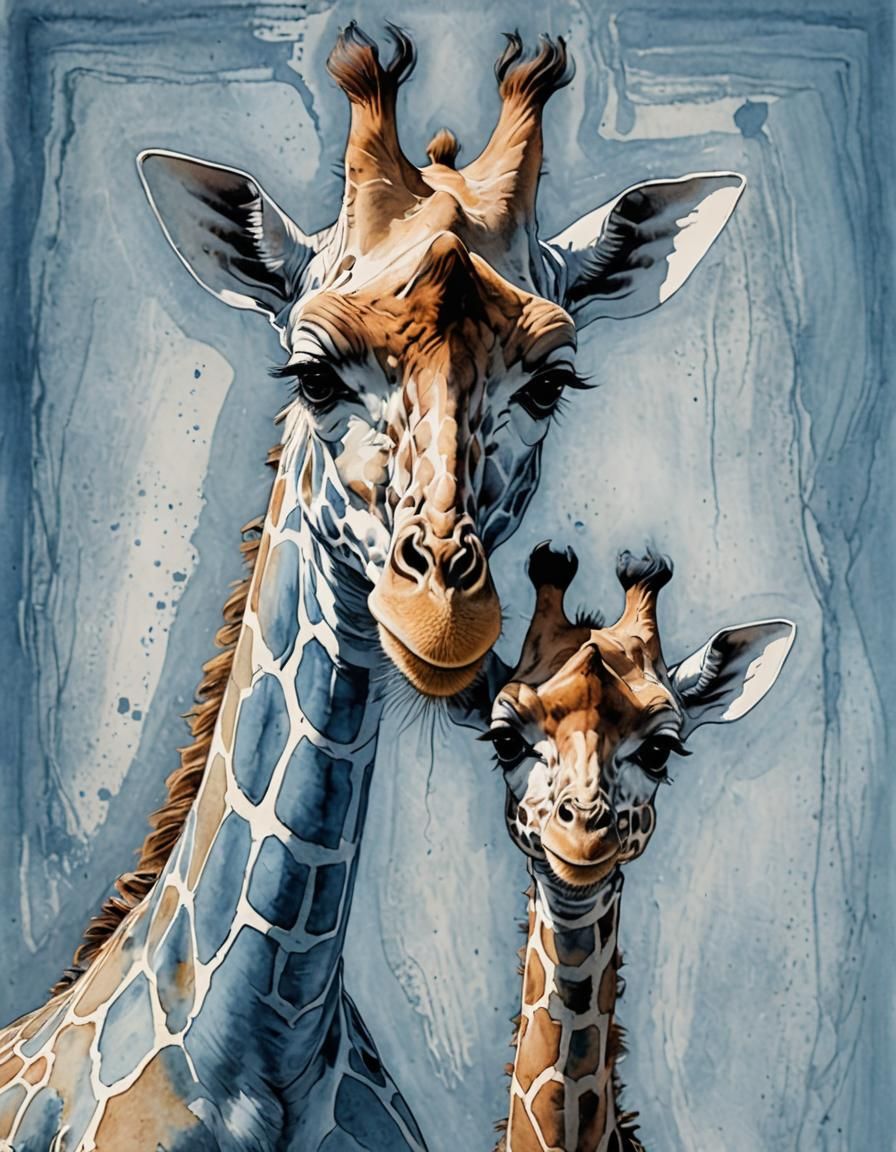Monochromatic Blue Giraffe Kiss: Abstract Hand-Drawn Art