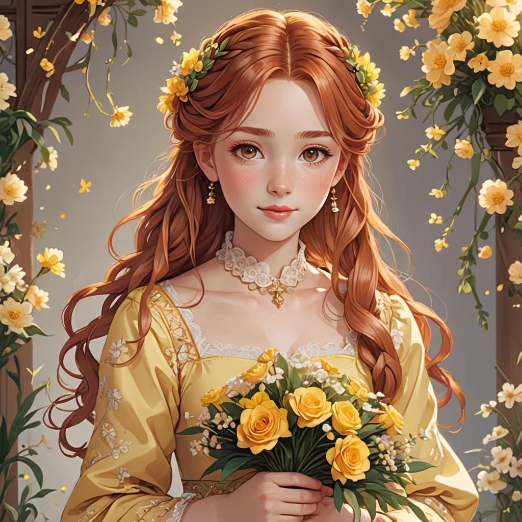 Anime Portrait of Red-Haired Girl in Yellow Gown