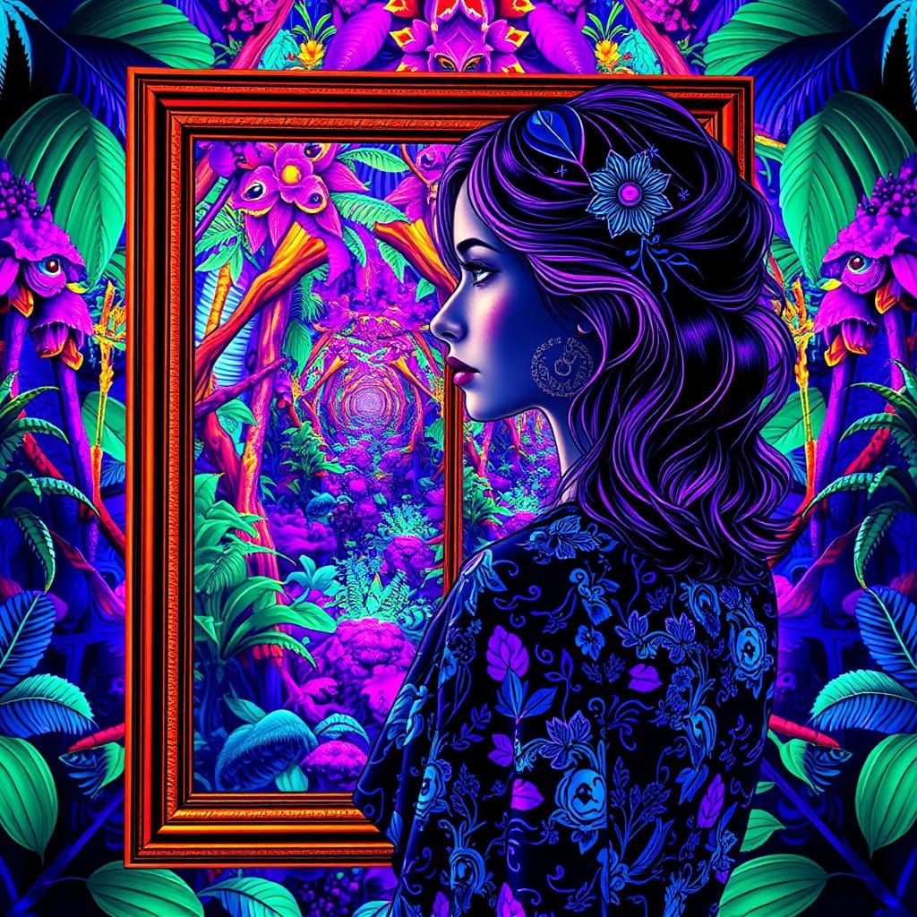 Bioluminescent Rainforest with Kaleidoscopic Woman, Glitch A...