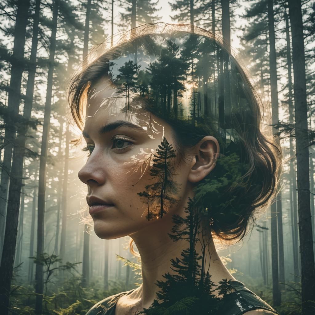Woman's Head in Forest at Dawn, Double Exposure Art