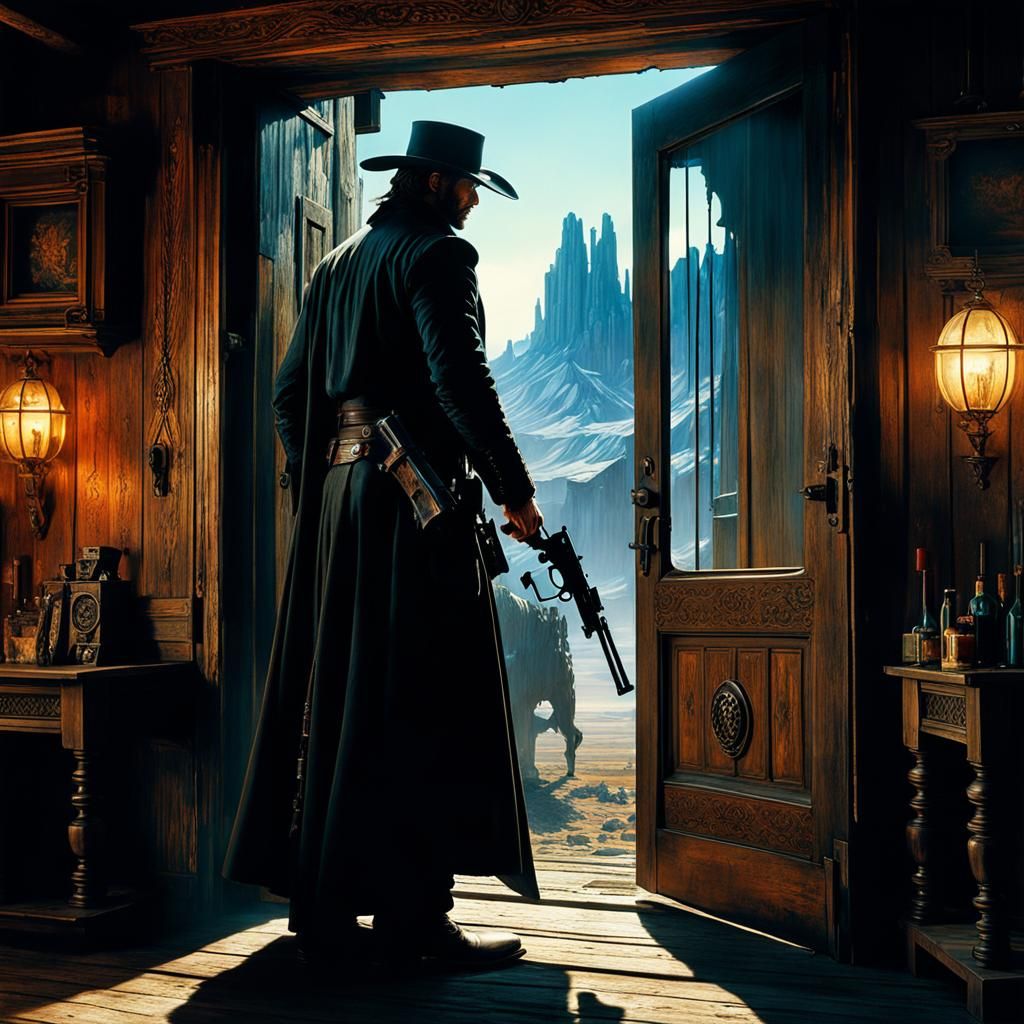 Gunslinger Silhouette: Fantasy Masterwork in Vibrant Colors