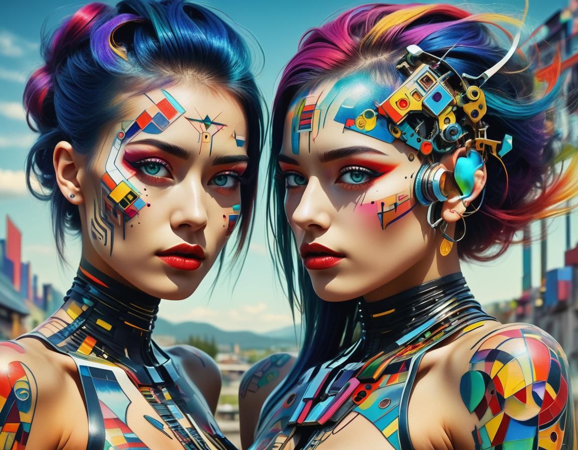 Futuristic Women with Cybernetic Tattoos in Abstract Style